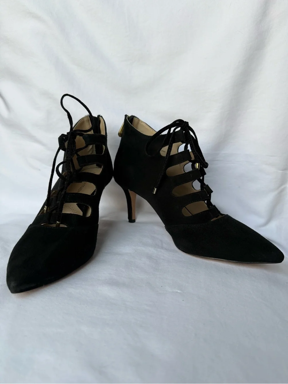 Adrienne Vittadini Leather Black Lace-Up Cutout Pointed Toe Heels